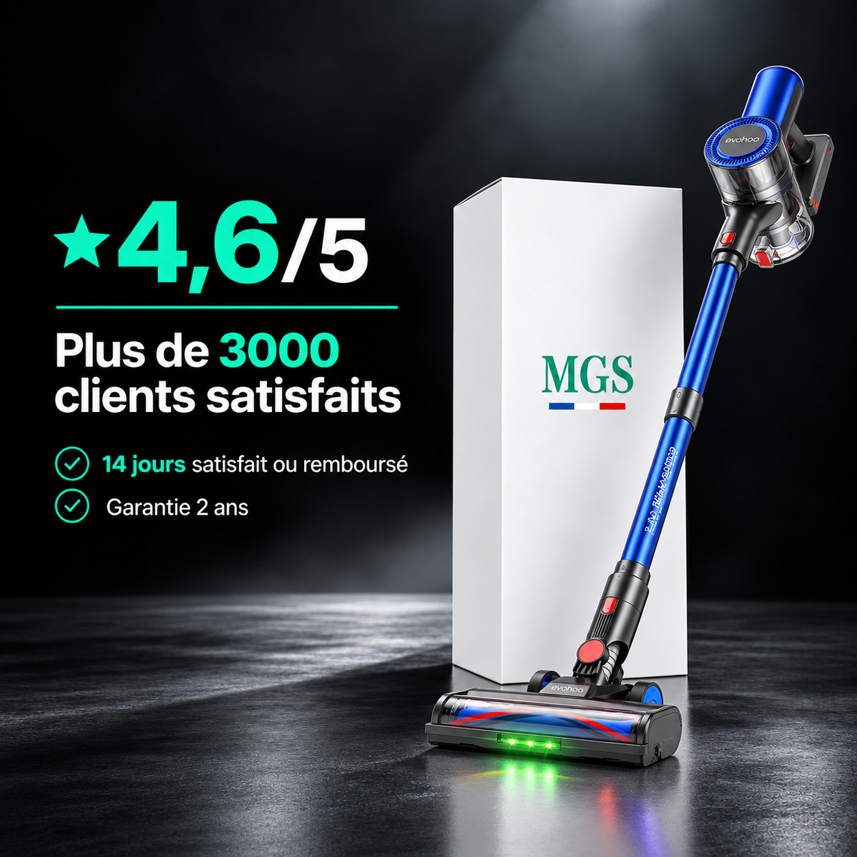 Aspirateur balai sans fil MGS Clarys et ses accessoires fournis