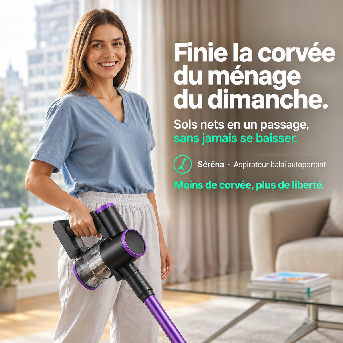Aspirateur balai sans fil MGS Séréna et ses accessoires fournis