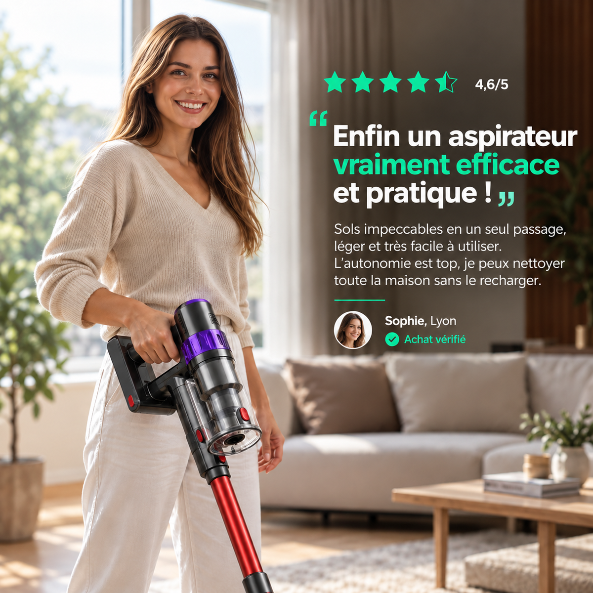 Aspirateur balai sans fil MGS Névia sur son support mural de charge
