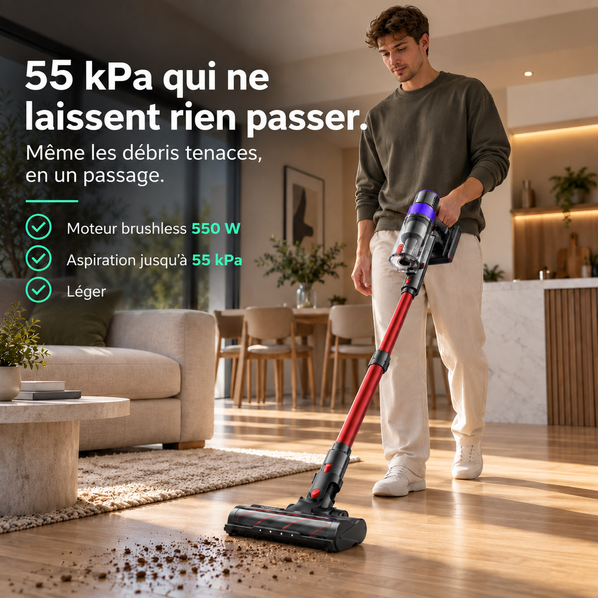 Aspirateur balai sans fil MGS Névia en usage sur un sol dur
