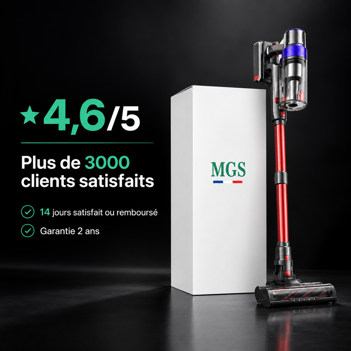 Aspirateur balai sans fil MGS Névia et ses accessoires fournis