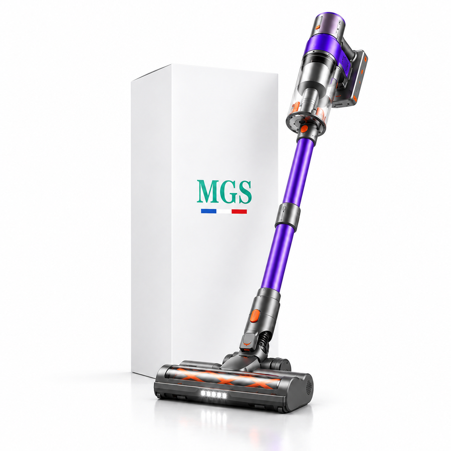 Aspirateur à main MGS Purio sur sa station d'auto-vidage, vue produit