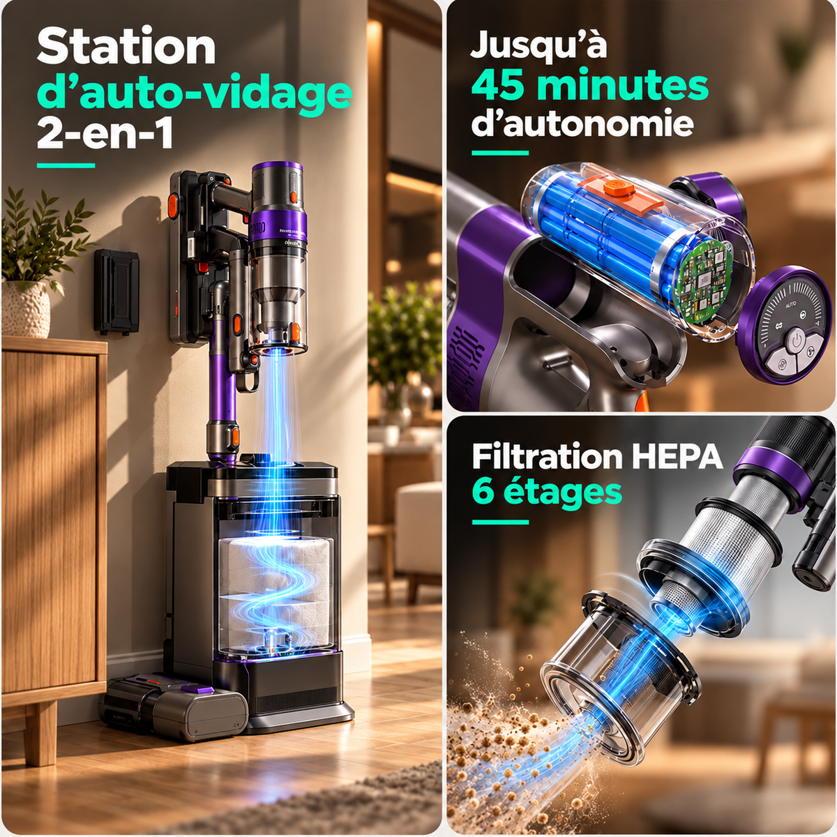 Aspirateur à main MGS Purio, brosse anti-emmêlement à LED