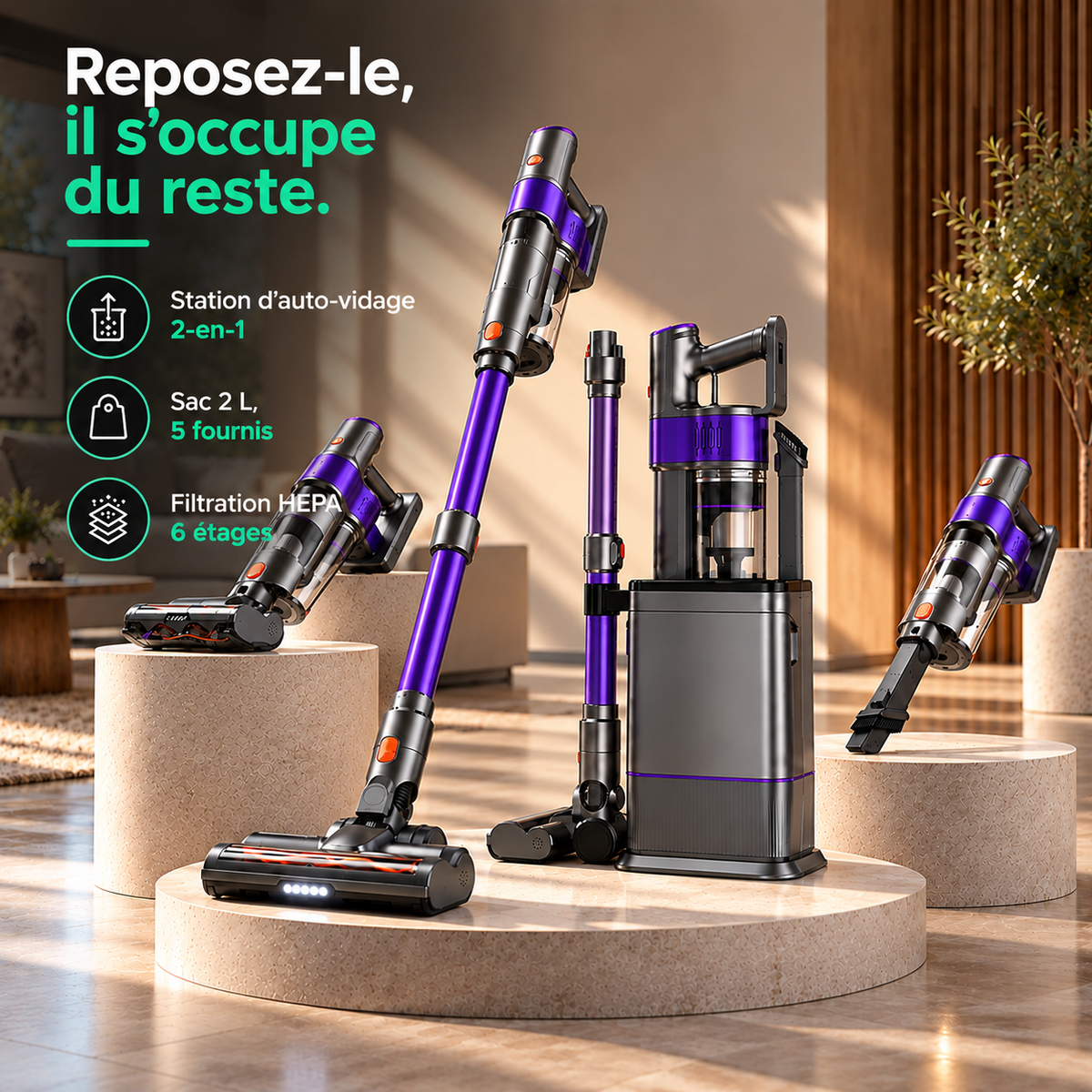 Aspirateur à main MGS Purio, station d'auto-vidage 2-en-1 en détail