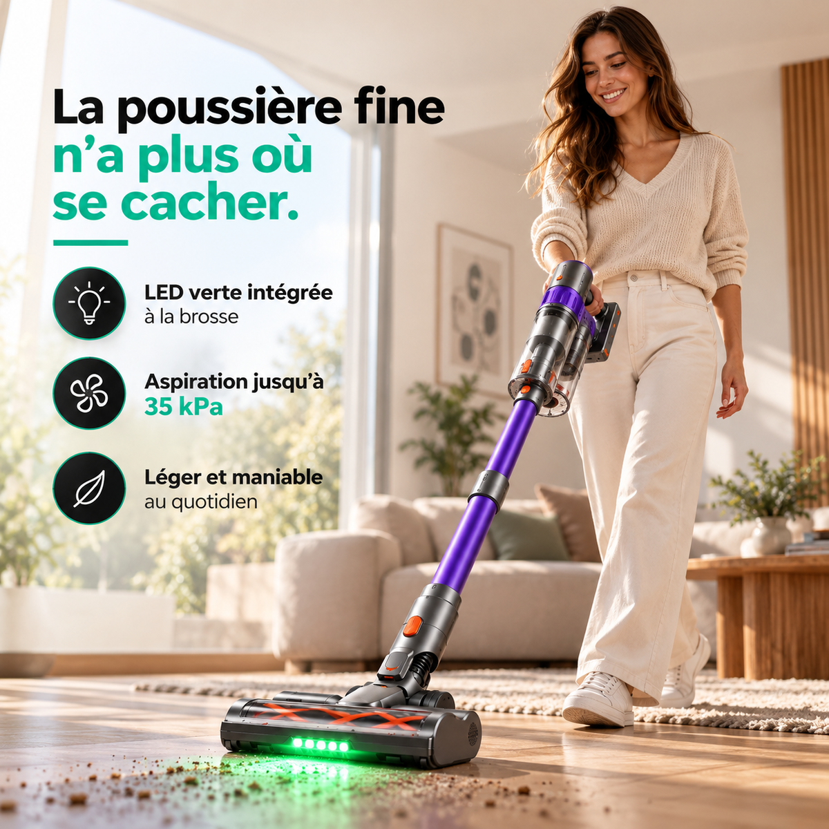 Aspirateur à main MGS Purio utilisé sur un canapé