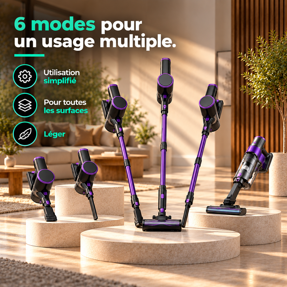 Aspirateur balai sans fil MGS Séréna, détail de la brosse à LED