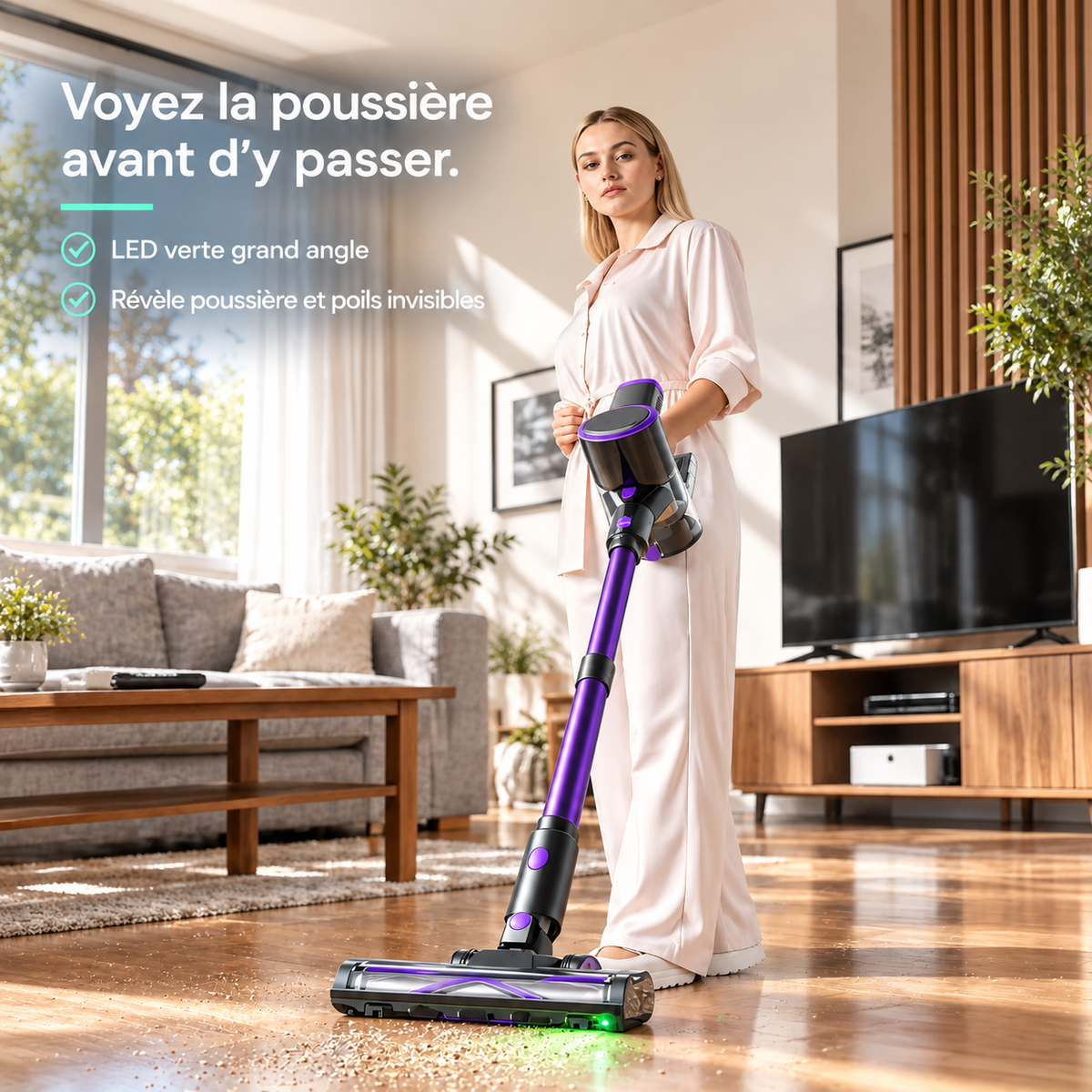 Aspirateur balai sans fil MGS Séréna en usage sur un sol dur