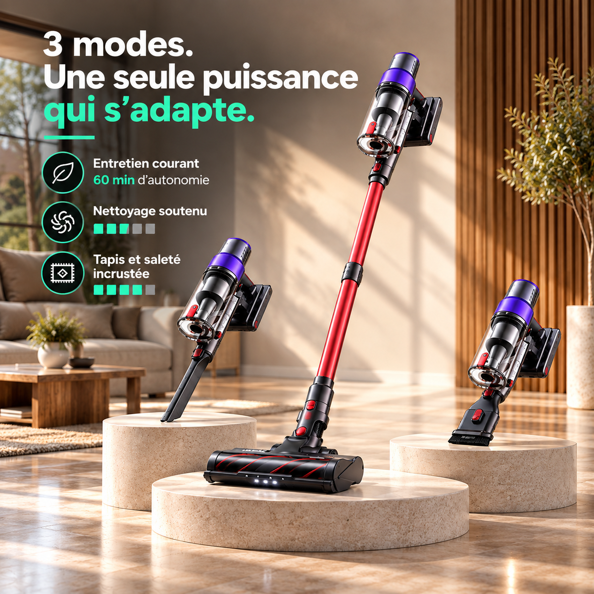 Aspirateur balai sans fil MGS Névia, écran tactile LED en gros plan