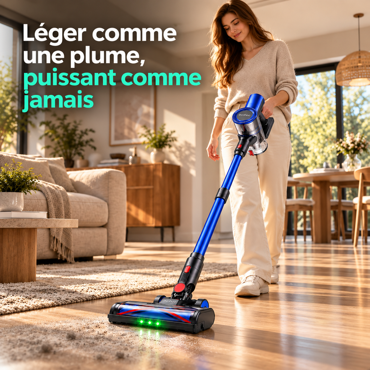 Aspirateur balai sans fil MGS Clarys en usage sur un tapis