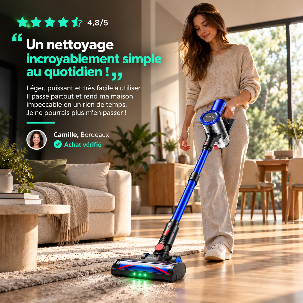 Aspirateur balai sans fil MGS Clarys, commande au pouce en gros plan