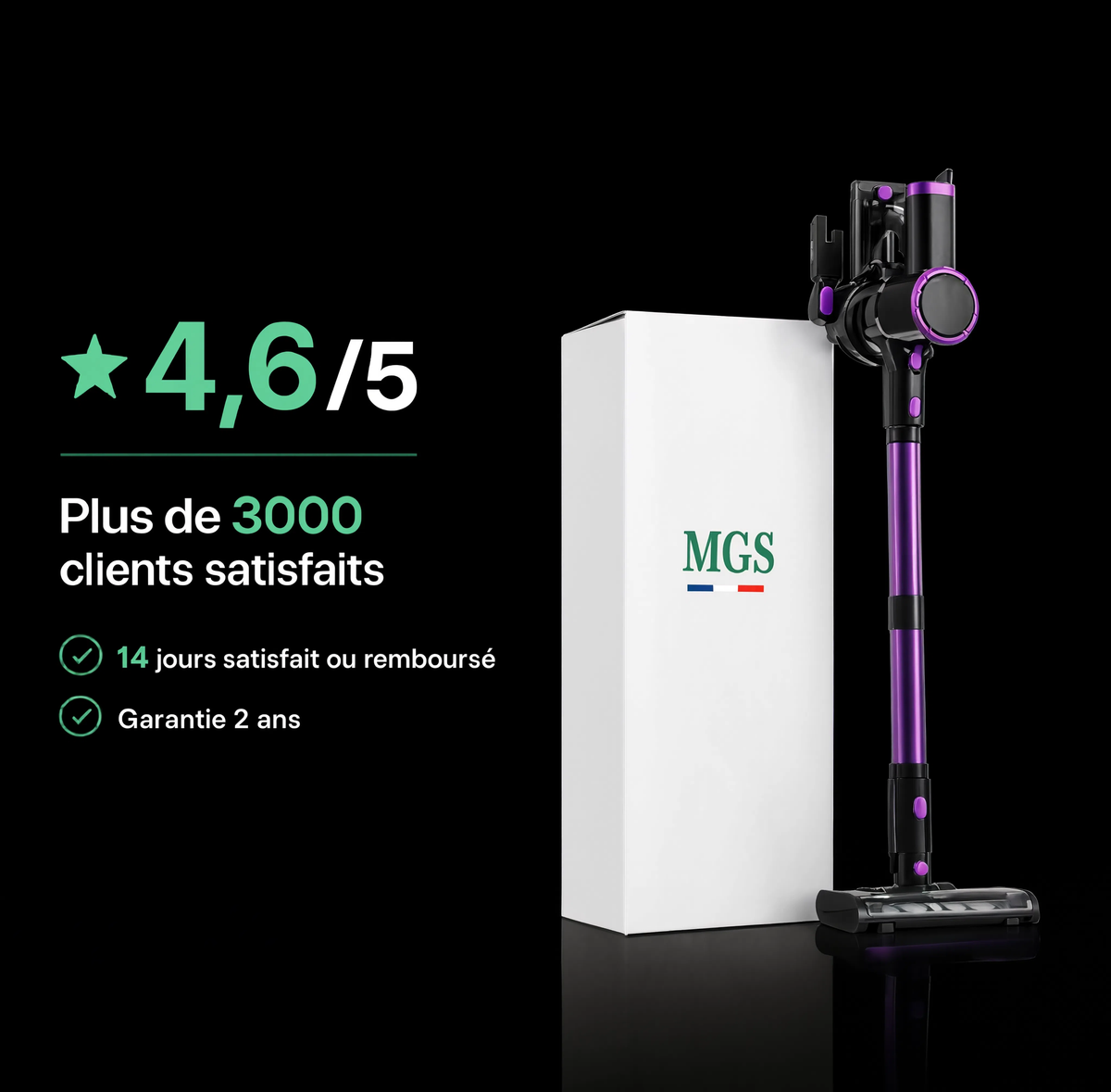 Fiche d'avis 4,6 sur 5 pour l'aspirateur balai sans fil MGS Séréna
