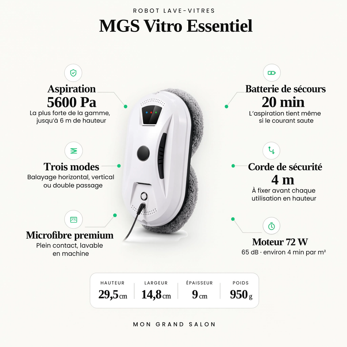 Robot Lave-Vitres MGS Vitro Essentiel | Aspiration 5600 Pa et Sécurité Anti-Coupure